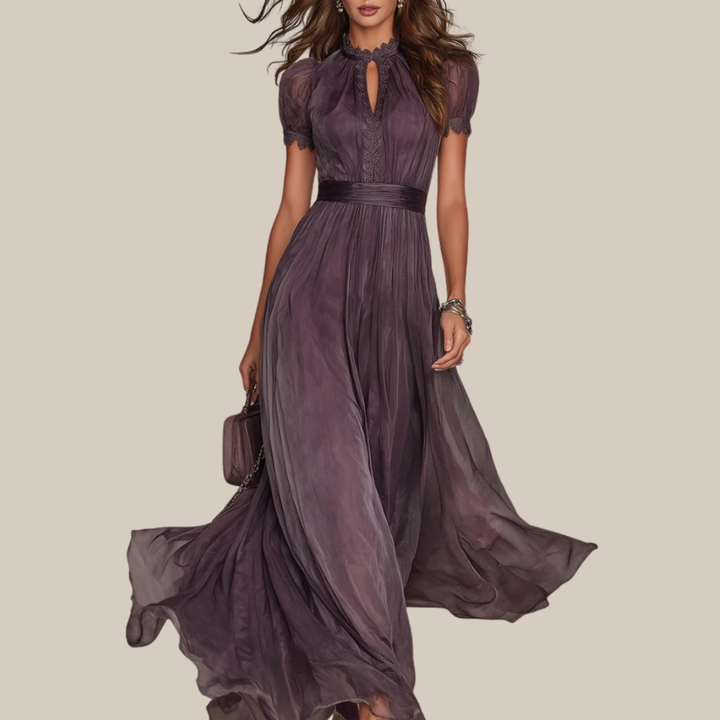 Olivia | Abito lungo malva con scollo a goccia, chiffon e bordo in pizzo