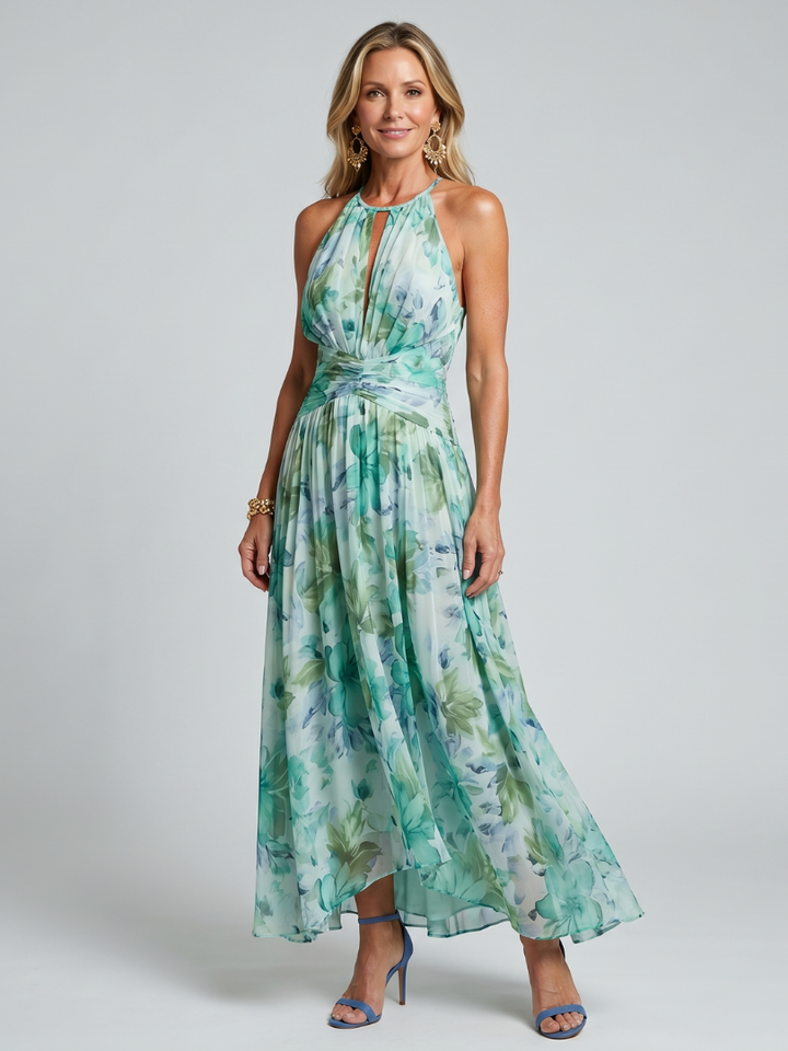 Chloé – Abito midi plissettato con scollo all'americana e delicato motivo floreale