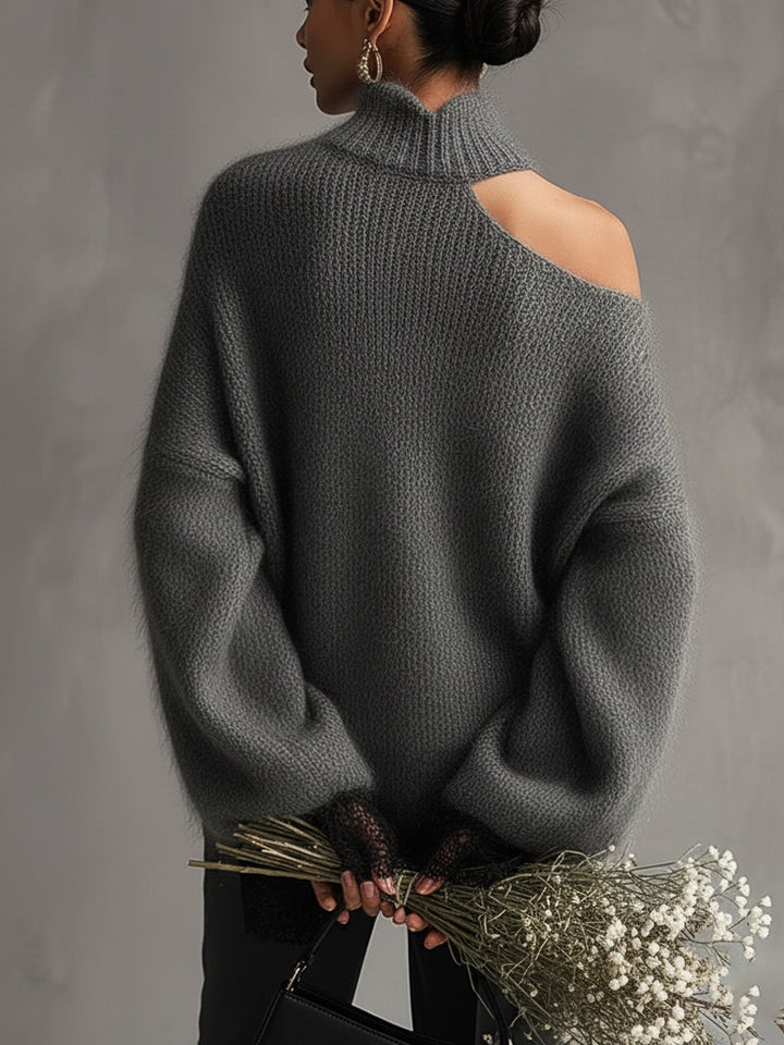 Maglione in maglia di mohair grigio con polsini in pizzo