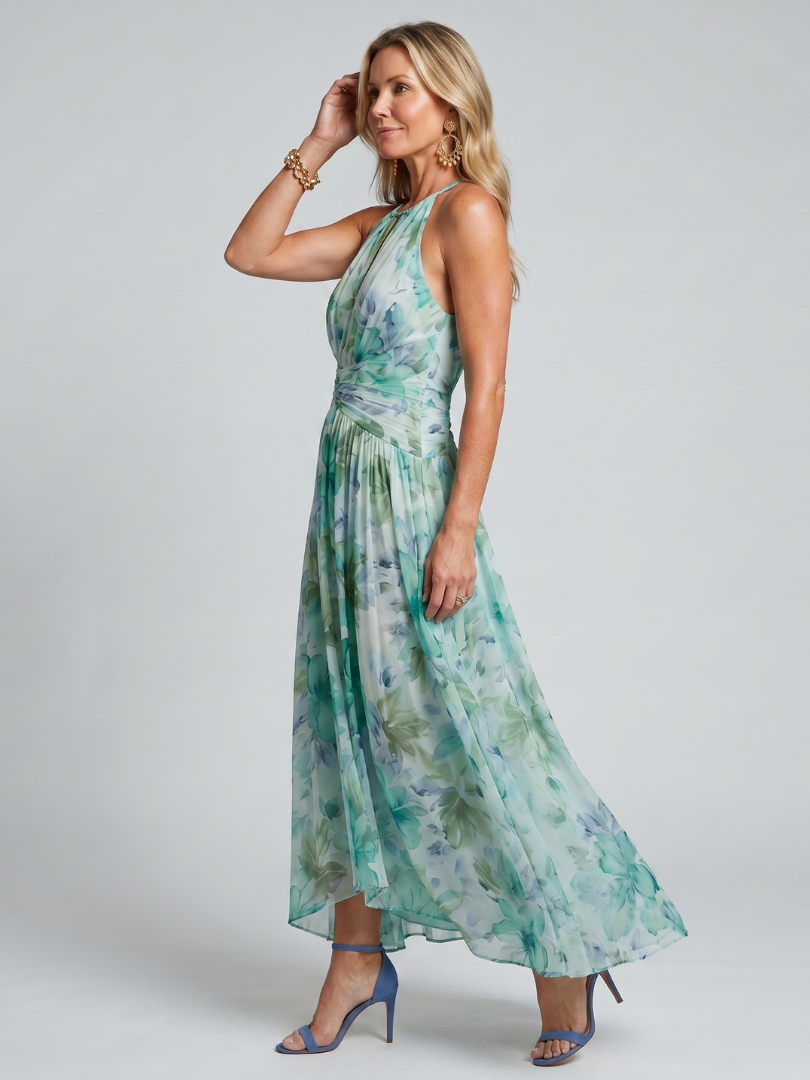 Chloé – Abito midi plissettato con scollo all'americana e delicato motivo floreale