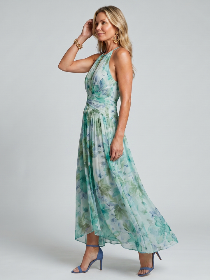 Chloé – Abito midi plissettato con scollo all'americana e delicato motivo floreale