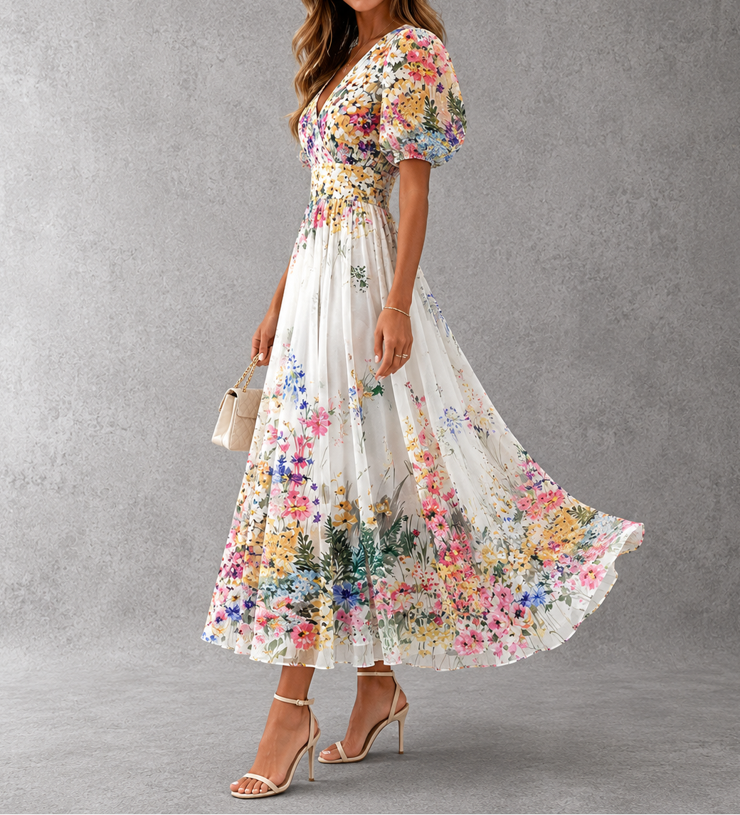 Rosalinda | Abito lungo a fiori a maniche corte
