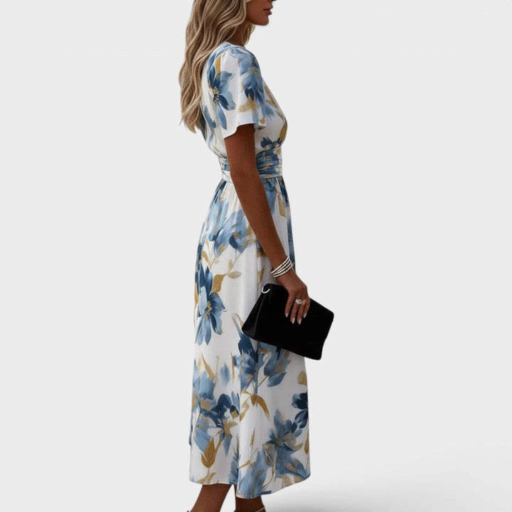 Claire | Abito midi a portafoglio con vita arricciata e stampa floreale