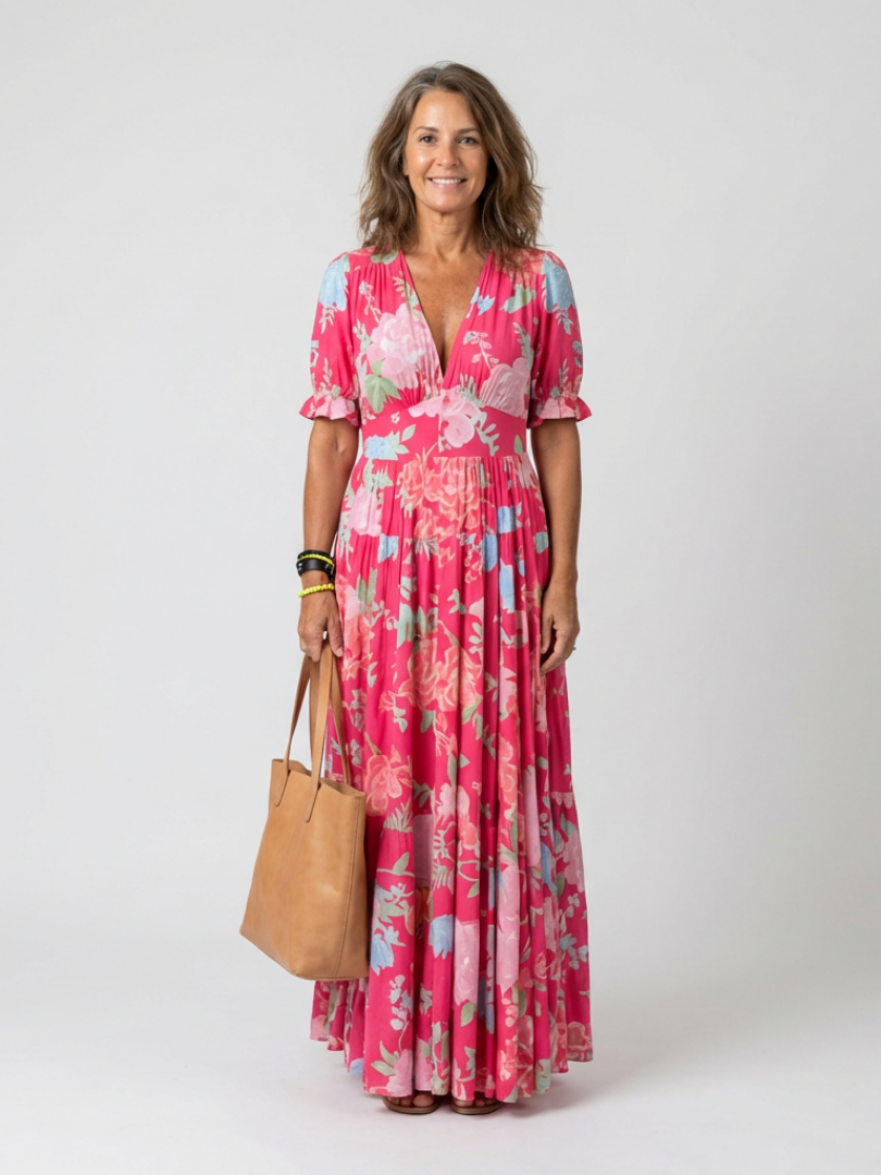 Ione | Abito Midi Floreale con Scollo a V