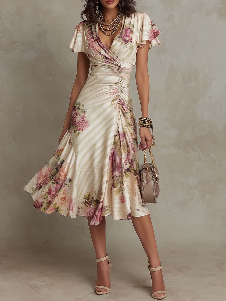 Luisa | Abito midi in raso con elegante motivo floreale rétro
