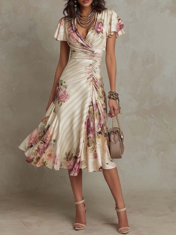 Luisa | Abito midi in raso con elegante motivo floreale rétro