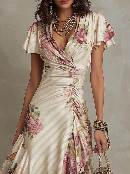 Luisa | Abito midi in raso con elegante motivo floreale rétro