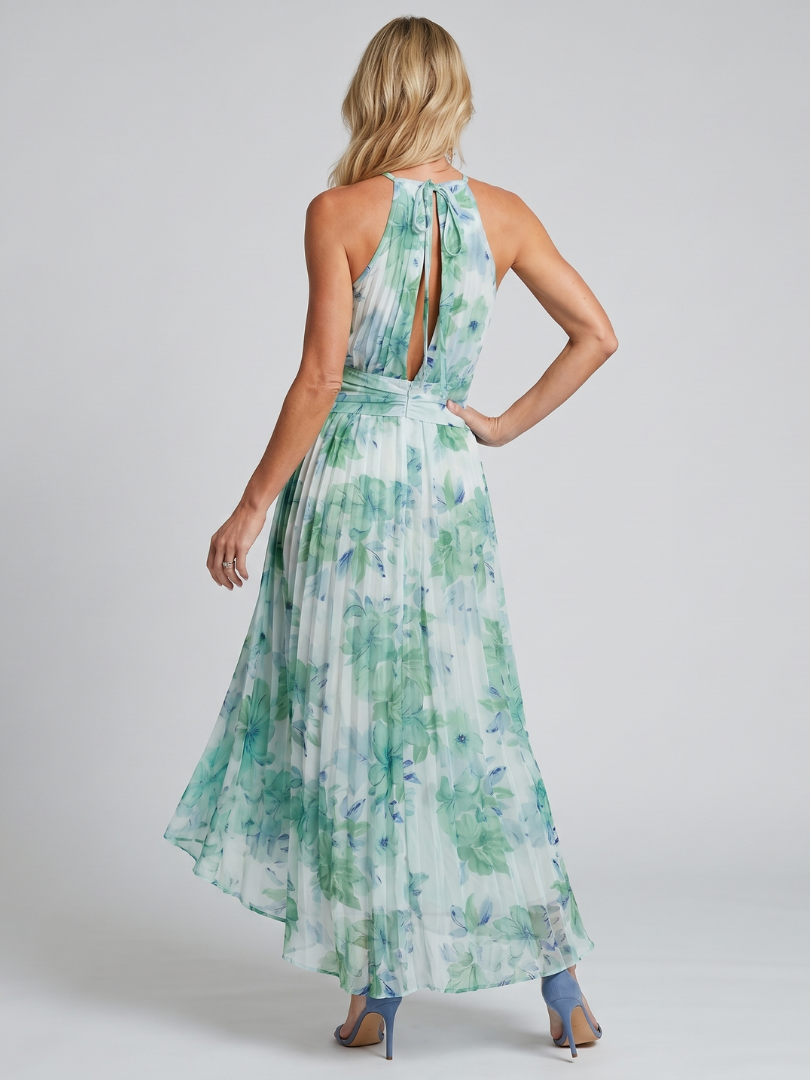 Chloé – Abito midi plissettato con scollo all'americana e delicato motivo floreale