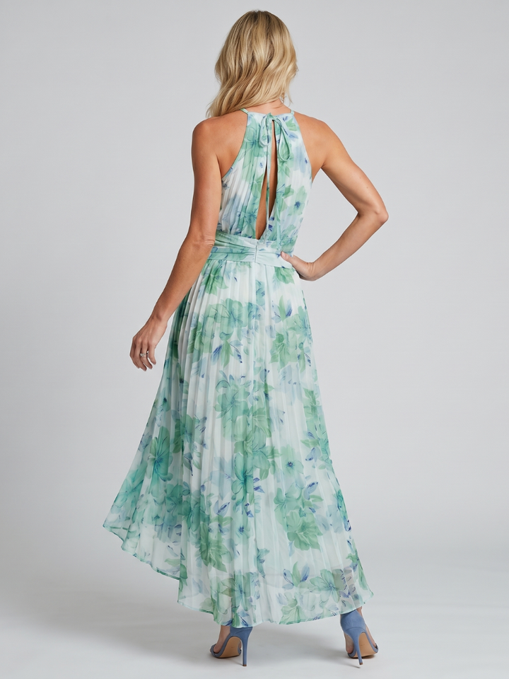 Chloé – Abito midi plissettato con scollo all'americana e delicato motivo floreale
