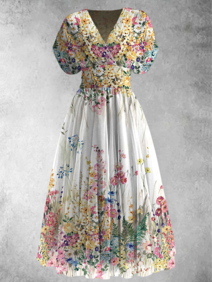 Rosalinda | Abito lungo a fiori a maniche corte