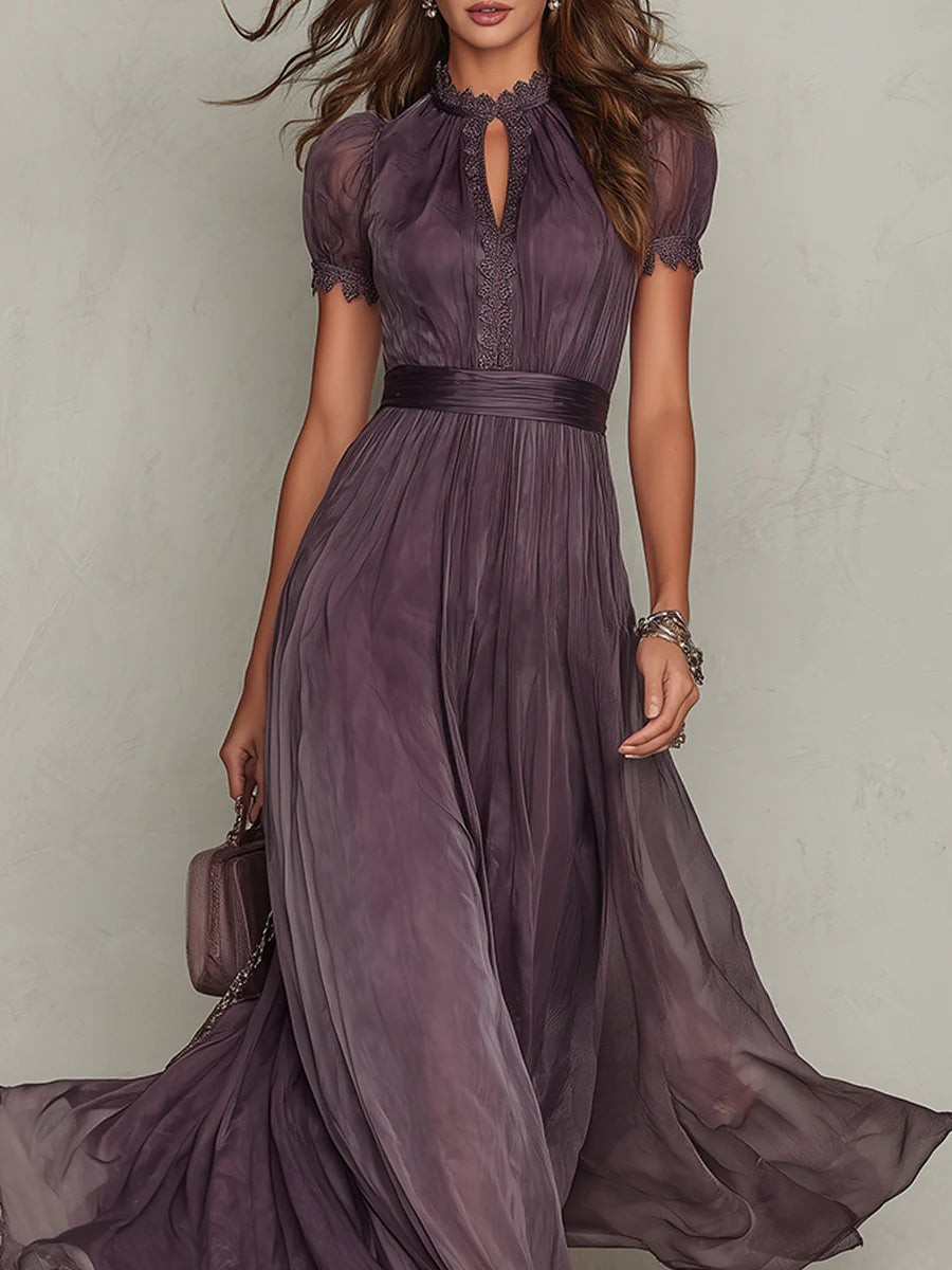 Olivia | Abito lungo malva con scollo a goccia, chiffon e bordo in pizzo