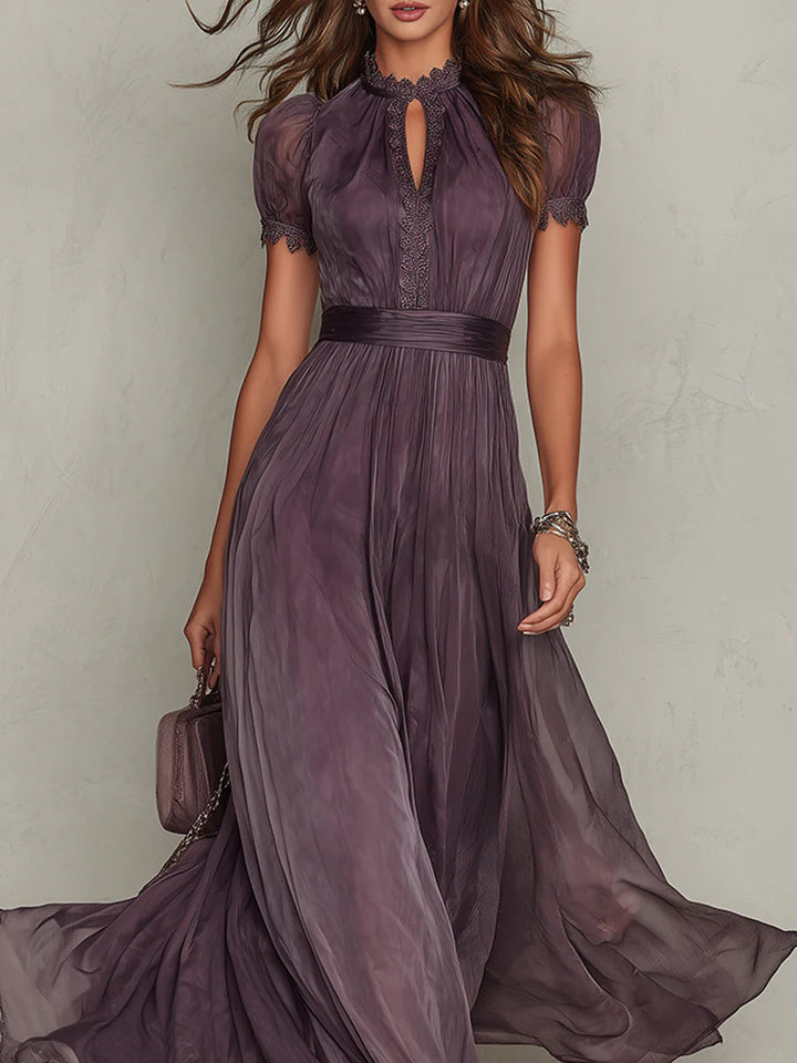 Olivia | Abito lungo malva con scollo a goccia, chiffon e bordo in pizzo