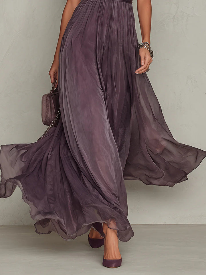 Olivia | Abito lungo malva con scollo a goccia, chiffon e bordo in pizzo
