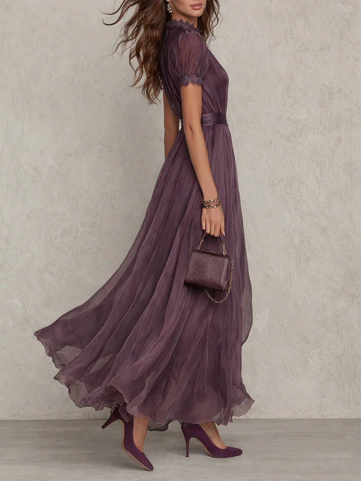 Olivia | Abito lungo malva con scollo a goccia, chiffon e bordo in pizzo