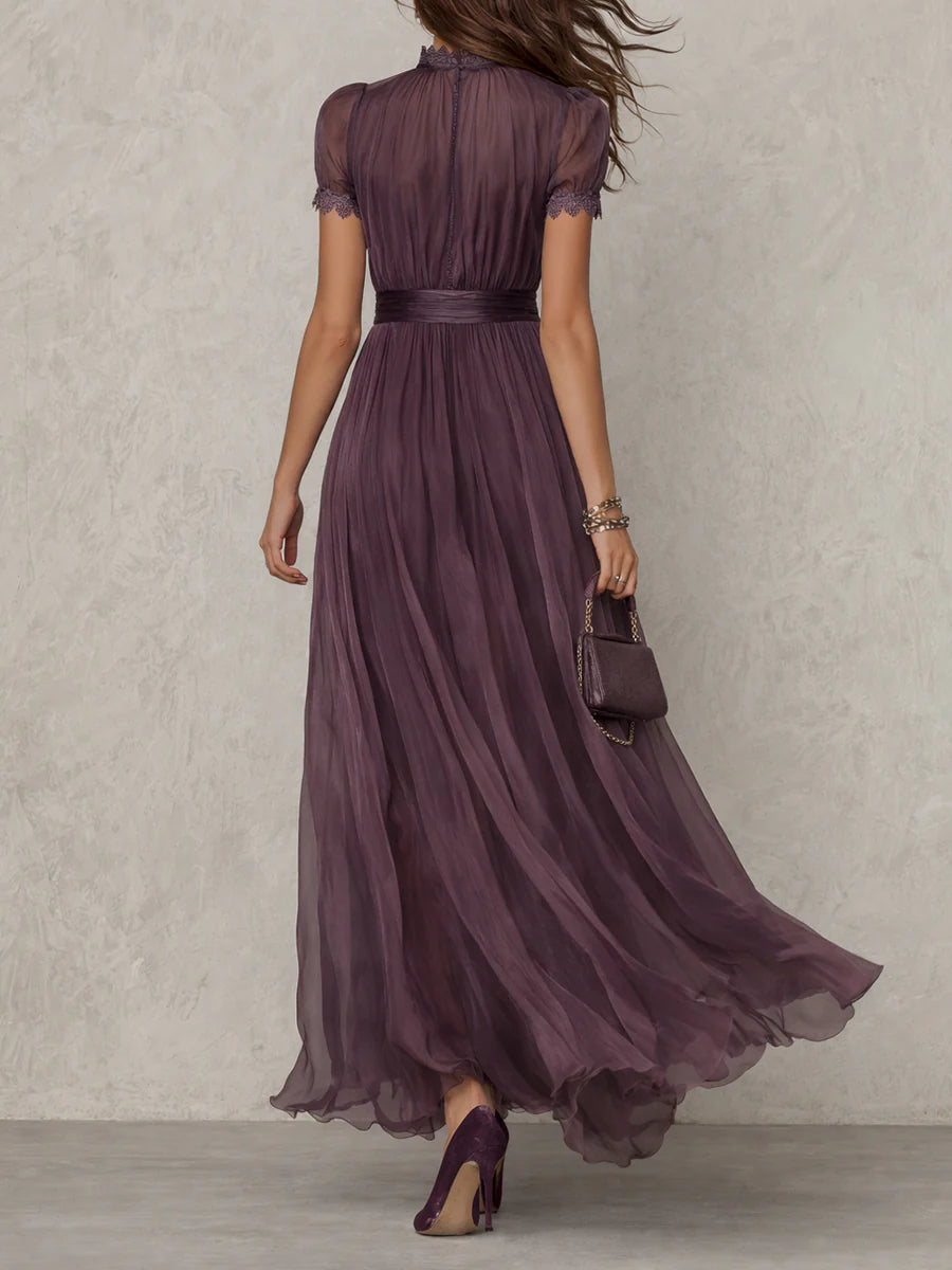 Olivia | Abito lungo malva con scollo a goccia, chiffon e bordo in pizzo