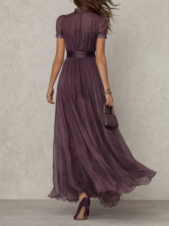 Olivia | Abito lungo malva con scollo a goccia, chiffon e bordo in pizzo