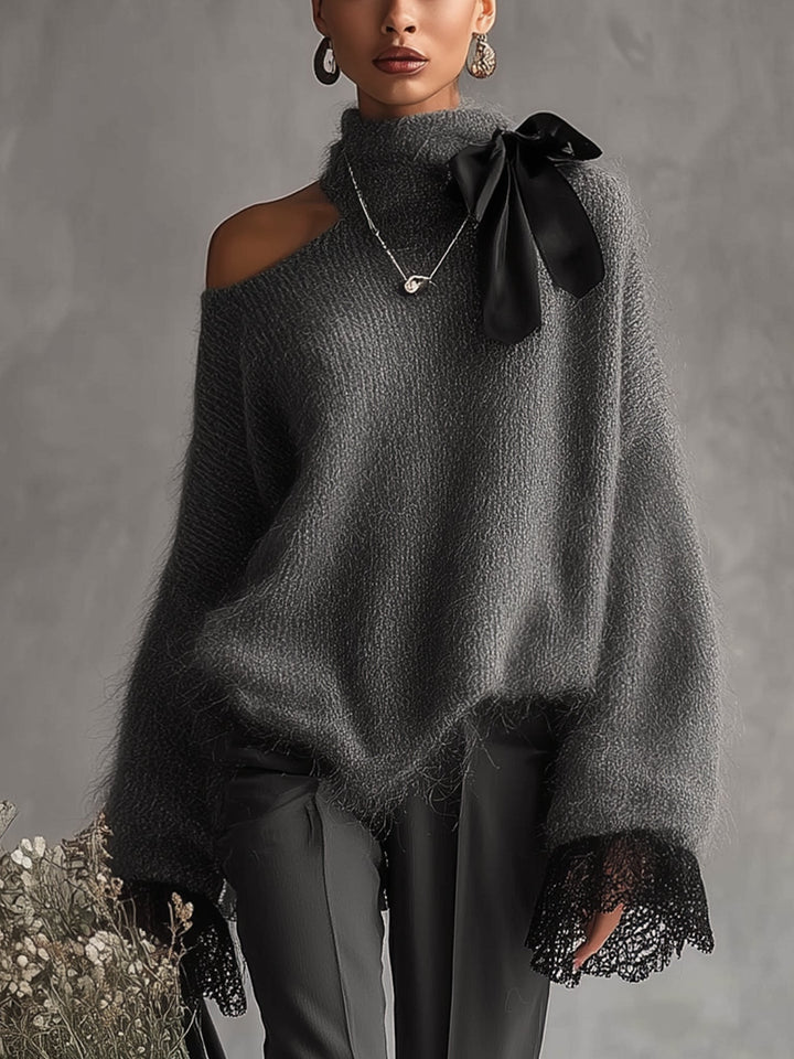 Maglione in maglia di mohair grigio con polsini in pizzo