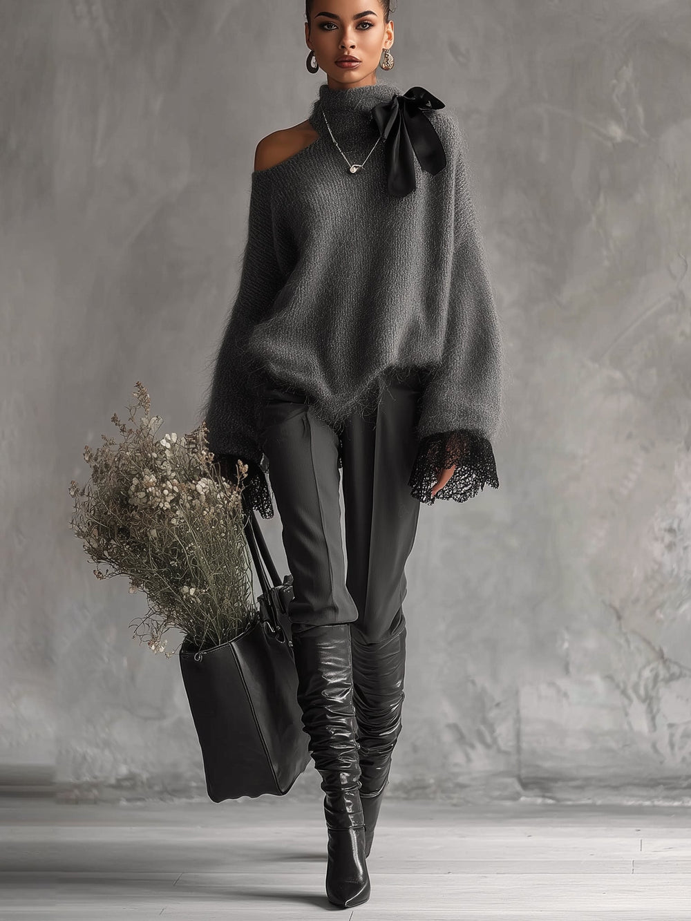 Maglione in maglia di mohair grigio con polsini in pizzo