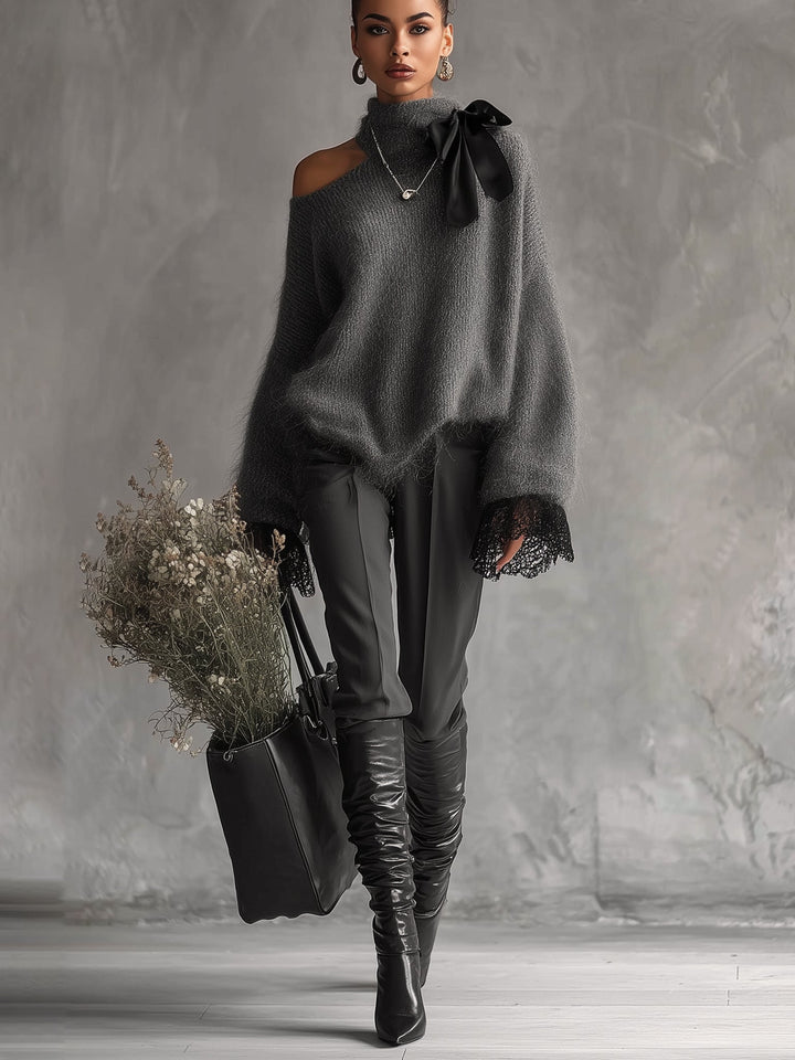 Maglione in maglia di mohair grigio con polsini in pizzo