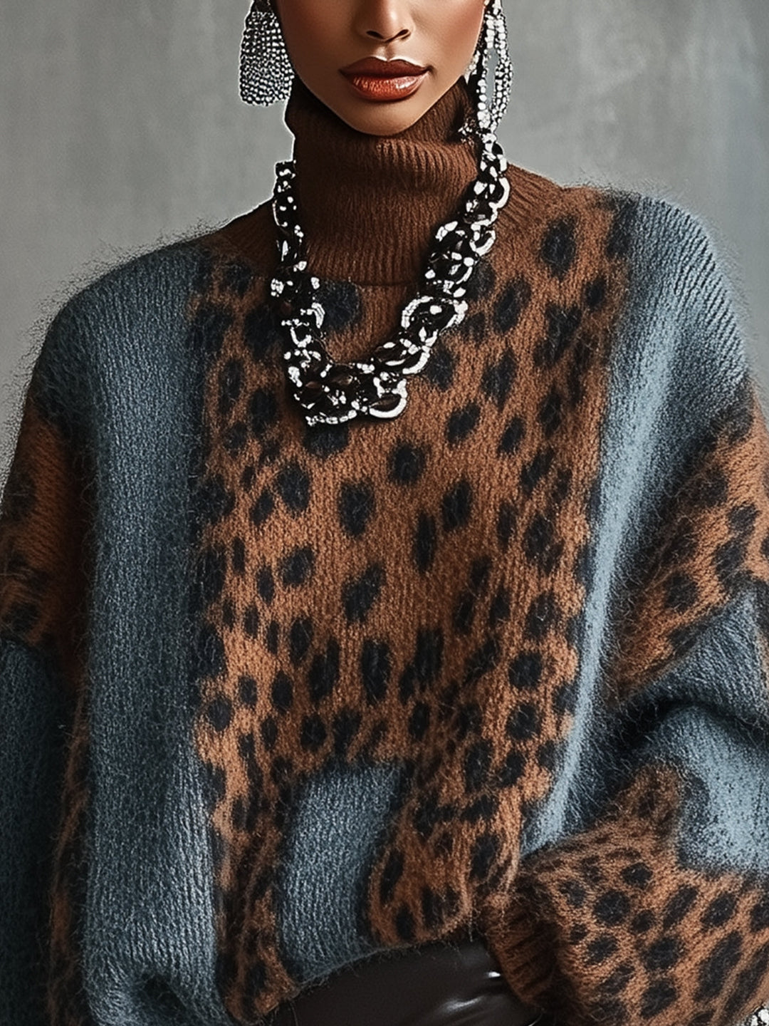 Maglione a collo alto con stampa leopardata