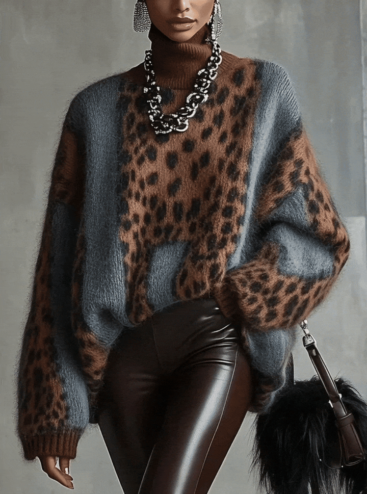 Maglione a collo alto con stampa leopardata