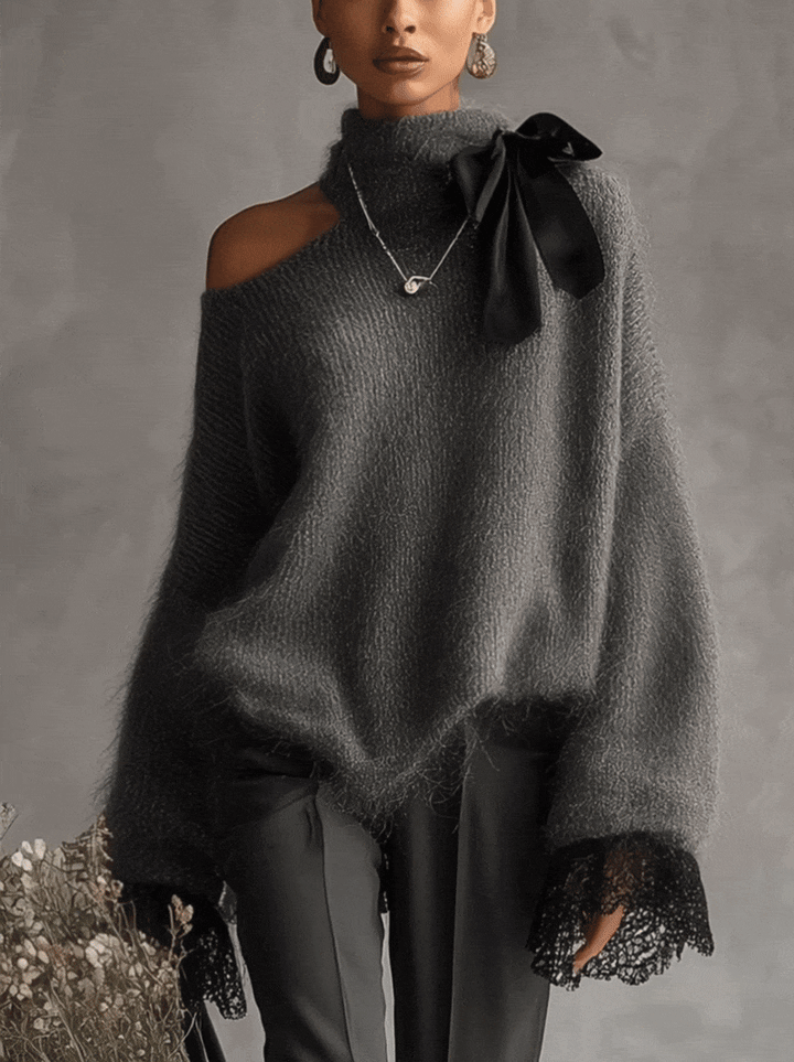 Maglione in maglia di mohair grigio con polsini in pizzo