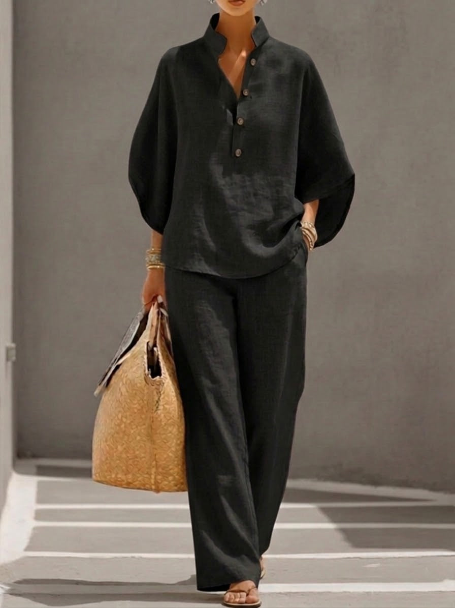 Mariel | Completo in lino con maniche a pipistrello e pantalone ampio