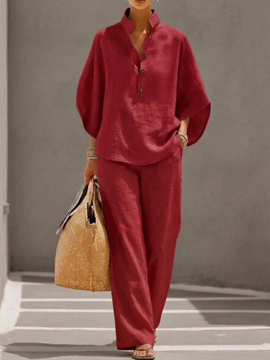 Mariel | Completo in lino con maniche a pipistrello e pantalone ampio